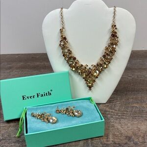 ✨ Ever Faith Brown Gold-Tone Crystal Statement Necklace & Earrings Set ✨